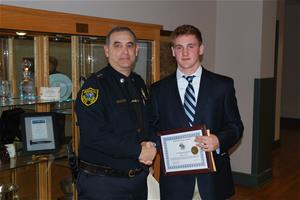 Saved By the Belt Award Recipient Brendan Wright and Chief Michael Peraino