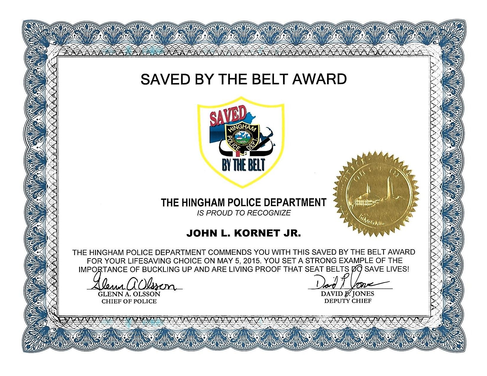 Saved By the Belt Award Certificate